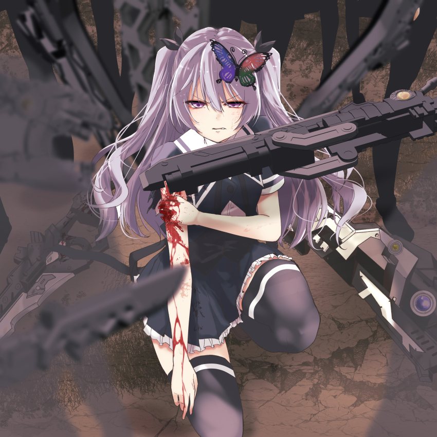 6+girls absurdres assault_lily at_gunpoint at_knifepoint black_ribbon black_skirt black_thighhighs bleeding blood blood_on_arm bloody_weapon blurry blurry_background butterfly_hair_ornament clenched_teeth commentary_request commission cropped_jacket day dirty dirty_face frilled_skirt frills grass grey_hair gun hair_between_eyes hair_ornament hair_ribbon half-closed_eyes hand_on_own_arm hand_up highres holding holding_sword holding_weapon imagawa_homare injury knees_out_of_frame long_hair looking_at_viewer miniskirt multiple_girls on_ground on_one_knee outdoors parted_lips pleated_skirt pointing_melee_weapon pointing_sword purple_eyes ribbon school_uniform shirt short_sleeves silhouette skeb_commission skirt solo_focus standing surrounded sweat sword teeth thighhighs torn_clothes torn_sleeves two_side_up underbust uneven_eyes urutsu_sahari v-shaped_eyebrows wavy_hair weapon white_shirt yurigaoka_girls_academy_school_uniform zettai_ryouiki