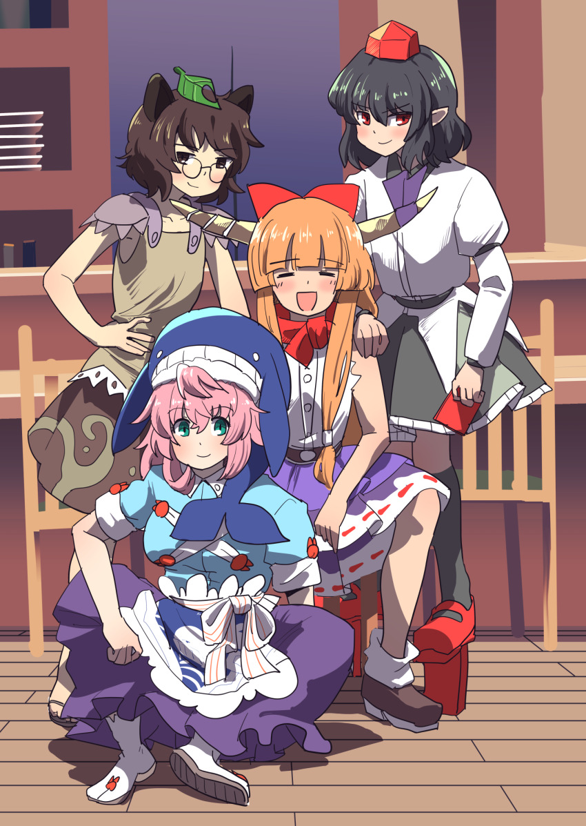 4girls animal_ears bar_(place) black-framed_eyewear black_eyes black_skirt blue_shirt blunt_bangs blush bow bowtie brown_hair brown_horns buttons closed_eyes closed_mouth commentary_request counter full_body futatsuiwa_mamizou glasses green_eyes hair_bow hand_on_another&#039;s_shoulder hat highres horns ibuki_suika indoors leaf leaf_on_head leftame long_hair long_skirt looking_at_viewer manatsu_no_yo_no_inmu medium_hair multiple_girls okunoda_miyoi open_mouth orange_hair party pink_hair pointy_ears purple_skirt raccoon_ears raccoon_girl red_bow red_bowtie red_eyes red_hat ribbon-trimmed_skirt ribbon_trim shameimaru_aya shirt short_hair sidelocks sitting skirt smile socks standing tabi tokin_hat touhou whale_hat white_shirt white_socks