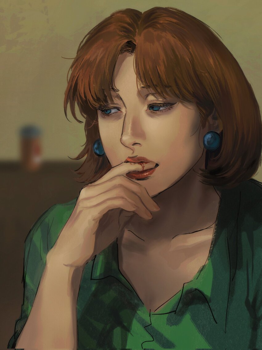 1girl biting_own_finger blood blue_eyes blurry blurry_background borderline7839 earrings family_guy green_shirt highres indoors jewelry lois_griffin medium_hair orange_hair pill_bottle red_lips shirt solo