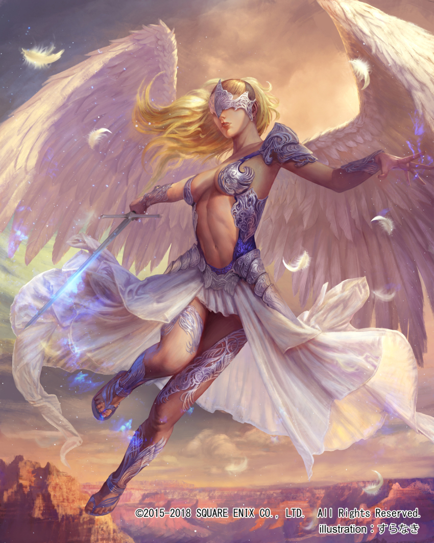 1girl angel_wings armor artist_name blonde_hair bracer breasts cloud company_name covered_eyes facing_viewer feathers female_focus full_body highres holding holding_sword holding_weapon long_skirt medium_breasts midair mobius_final_fantasy navel official_art outdoors sandals skirt solo sunset suranaki sword watermark weapon white_feathers white_skirt white_wings wings