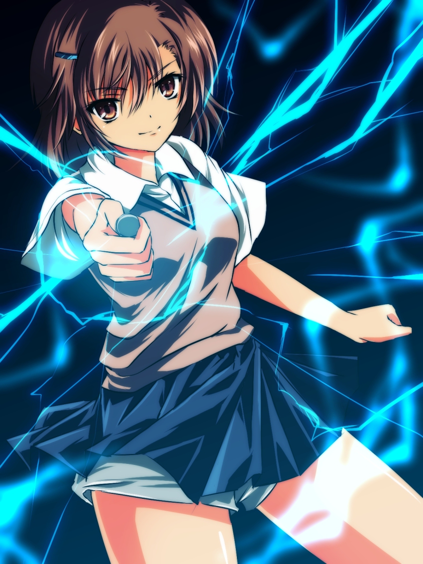 1girl brown_eyes brown_hair electricity electrokinesis female_focus highres misaka_mikoto nekominase school_uniform short_hair shorts solo toaru_kagaku_no_railgun toaru_majutsu_no_index