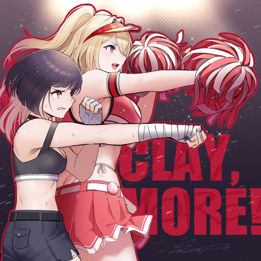 2girls bandaged_hand bandages black_hair black_sports_bra blonde_hair breasts brown_eyes cheerleader clay_(nikke) fang goddess_of_victory:_nikke hair_intakes highleg highleg_panties highres holding holding_pom_poms large_breasts long_hair medium_breasts milk_(nikke) multiple_girls panties pants pink_eyes pom_pom_(cheerleading) pom_poms punching red_skirt sawasa short_hair side-tie_panties skindentation skirt sports_bra sweat tomboy torn_clothes torn_pants two-tone_tank_top underwear visor_cap