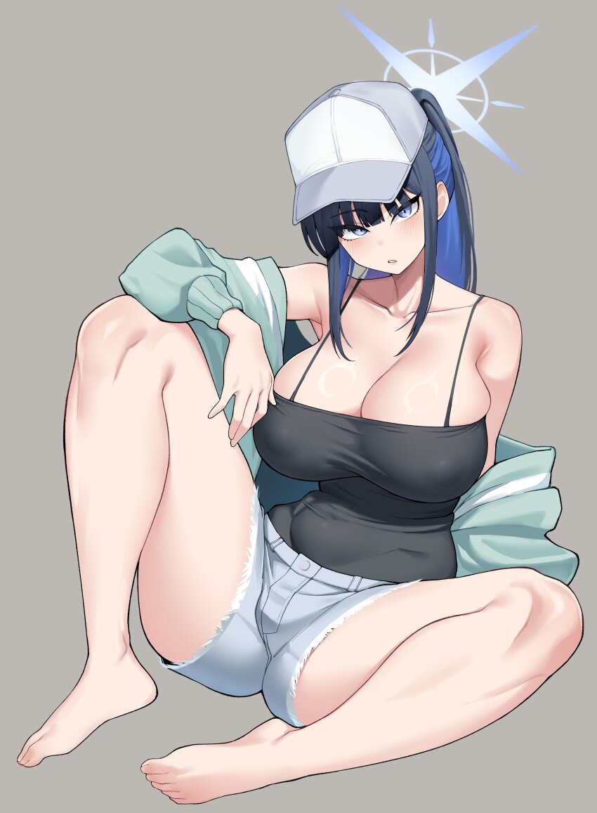 1girl absurdres ass awan_raccoon bare_shoulders barefoot baseball_cap black_camisole black_hair blue_archive blue_eyes blue_hair blue_halo breasts camisole cleavage denim denim_shorts feet full_body green_jacket halo hat highres huge_breasts jacket legs long_hair looking_at_viewer off_shoulder saori_(blue_archive) saori_(swimsuit)_(blue_archive) shorts sidelocks simple_background sitting solo white_hat