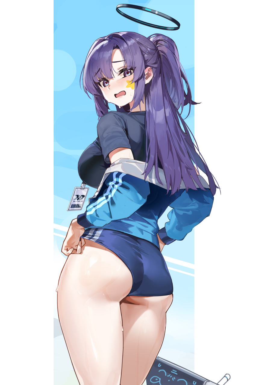 1girl absurdres ass black_shirt blue_archive blue_buruma blue_jacket blue_sky blush breasts buruma cowboy_shot gym_shirt gym_uniform halo highres id_card jacket jacket_partially_removed long_hair long_sleeves looking_at_viewer looking_back mechanical_halo non-humanoid_robot off_shoulder official_alternate_costume ponytail purple_eyes purple_hair robot robot_animal robot_dog runfufu shirt short_sleeves simple_background sky solo star_sticker sticker_on_face sweat thighs track_jacket white_background yuuka_(blue_archive) yuuka_(track)_(blue_archive)