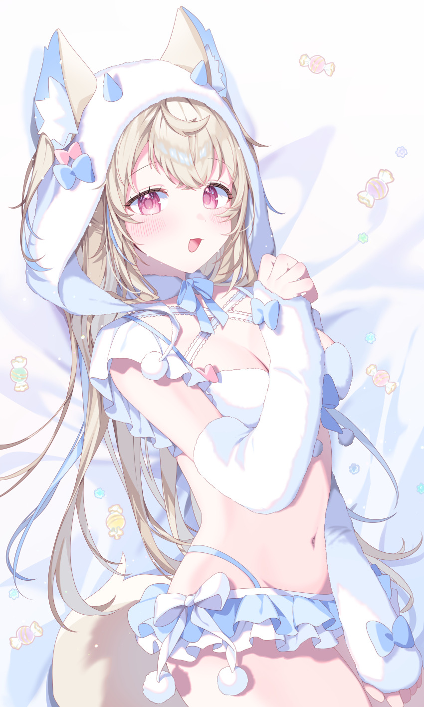 1girl :3 :d absurdres animal_ear_fluff animal_ears bed_sheet blonde_hair blue_hair blue_panties blush bow bra breasts choker cleavage colored_inner_hair commentary_request crossed_bangs dog_ears dog_girl dog_tail double-parted_bangs fake_horns frilled_bra frilled_skirt frills fur_bra fur_choker fur_hood fuwawa_abyssgard hair_between_eyes hand_up highleg highleg_panties highres hololive hololive_english horns kio_is_here knees_out_of_frame long_hair looking_at_viewer lying medium_breasts microskirt miniskirt multi-strapped_bra multicolored_hair navel on_back open_mouth panties pink_eyes pom_pom_(clothes) skirt smile solo stomach streaked_hair tail two_side_up underwear virtual_youtuber waist_bow white_arm_warmers white_bow white_bra white_choker white_hood