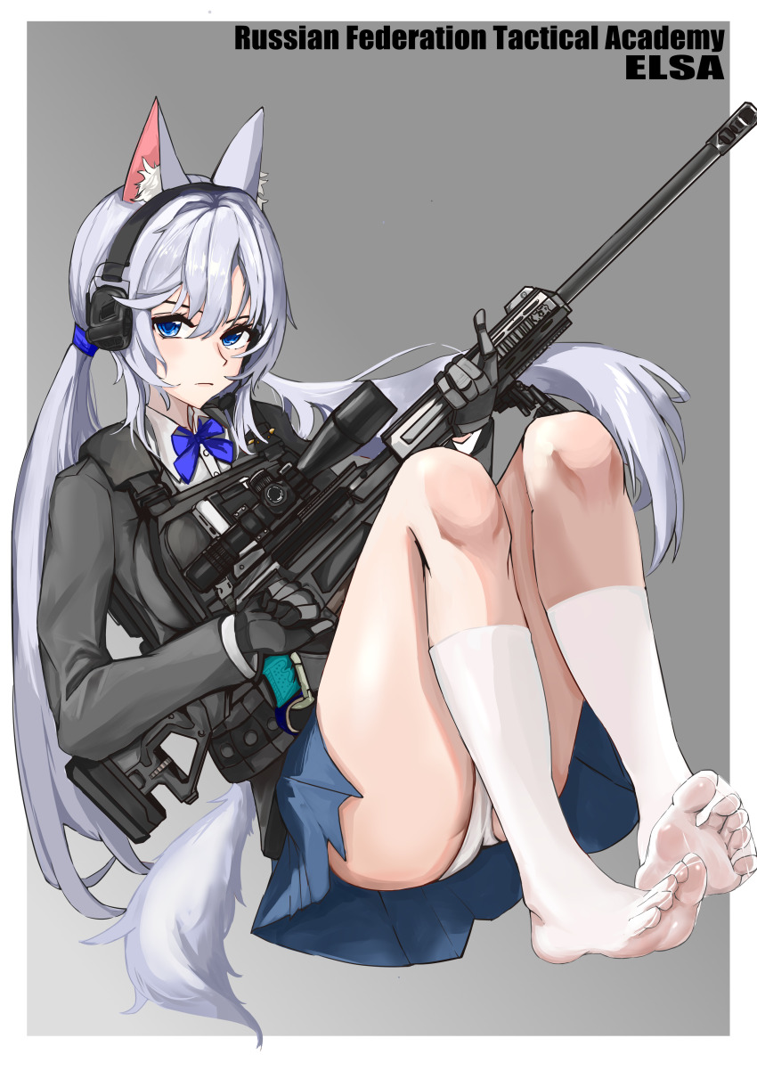 1girl absurdres animal_ears blue_eyes bolt_action feet grey_background grey_hair gun headset highres kneehighs long_hair looking_at_viewer low_twintails mirce muzzle_device panties pantyshot rail_(weapon) rifle scope see-through_clothes see-through_legwear simple_background sniper_rifle socks soles tail toes twintails underwear weapon white_socks