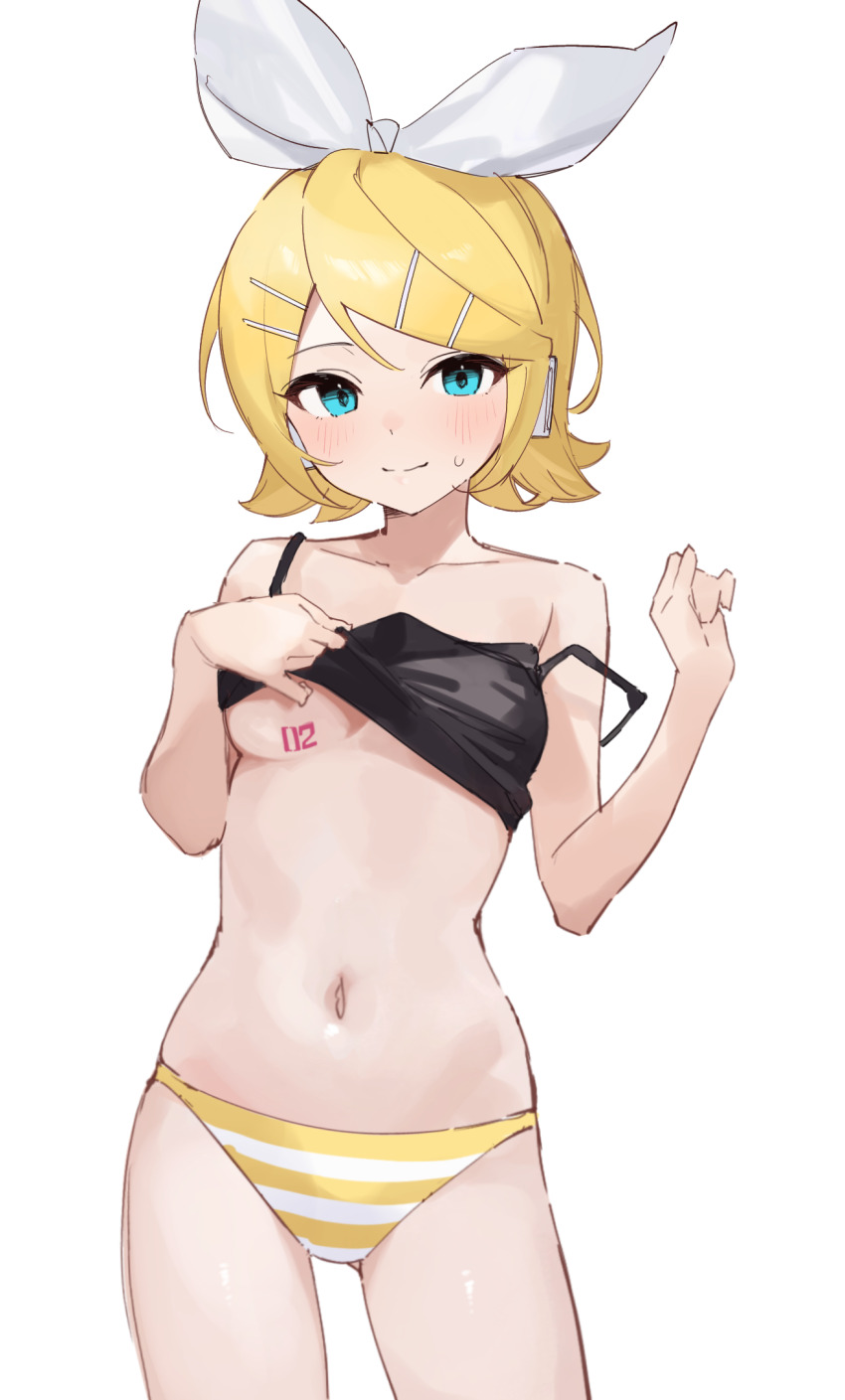 1girl aqua_eyes bare_shoulders black_tank_top blonde_hair blush breast_tattoo breasts closed_mouth clothes_lift collarbone hair_ornament hair_ribbon hairclip headphones highres kagamine_rin looking_at_viewer navel no_bra no_pants number_tattoo panties rakugaki_ningen ribbon shirt_lift short_hair smile solo striped_clothes striped_panties sweat tank_top tattoo underboob underwear variant_set vocaloid