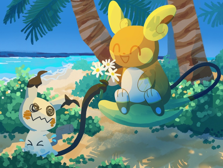 &gt;_&lt; :d ^_^ absurdres alolan_form alolan_raichu beach blue_sky closed_eyes commentary creatures_(company) english_commentary floating flower game_freak gen_7_pokemon highres holding holding_flower horizon mimikyu nintendo open_mouth outdoors pokemon pokemon_(creature) sky smile suspineapple123 tail tree white_flower