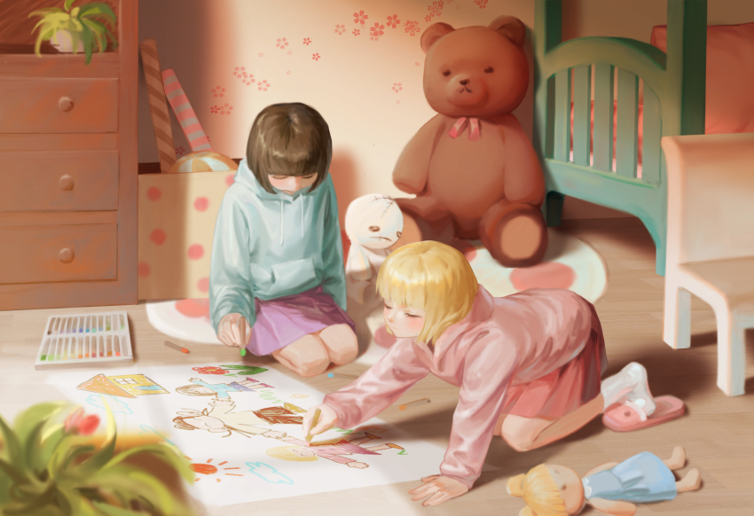 2girls black_hair blonde_hair blue_hoodie blush bob_cut box chair child child&#039;s_drawing drawer drawing closed_eyes floral_print getou_suguru holding_hands hejia_abby highres holding hood hoodie indoors jujutsu_kaisen long_sleeves looking_down mimiko_(jujutsu_kaisen) multiple_girls nanako_(jujutsu_kaisen) on_floor pastels pink_hoodie plant potted_plant rug short_hair siblings sisters sitting skirt slippers smile stuffed_animal stuffed_toy sunlight teddy_bear wide_shot aged_down