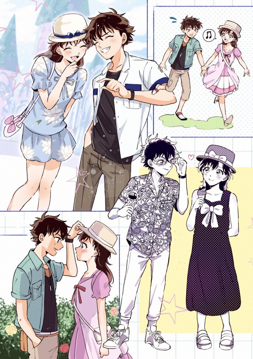 1boy 1girl adjusting_eyewear aqua_shirt arm_behind_back bag black_undershirt blue_dress blue_eyes blush boater_hat breast_pocket brown_hair brown_pants closed_eyes commentary_request couple d_maichan0213 dating dots dress eye_contact floral_print food grin hand_in_pocket hat heart hetero highres holding holding_another&#039;s_wrist holding_food holding_ice_cream ice_cream ice_cream_cone kuroba_kaito laughing long_hair looking_at_another magic_kaito multiple_views musical_note nakamori_aoko open_clothes open_mouth open_shirt pants pink_dress pocket pointing puffy_short_sleeves puffy_sleeves scene_reference shirt short_hair short_sleeves shoulder_bag smile speech_bubble spoken_musical_note star_(symbol) sunglasses teeth watch white_shirt wristwatch