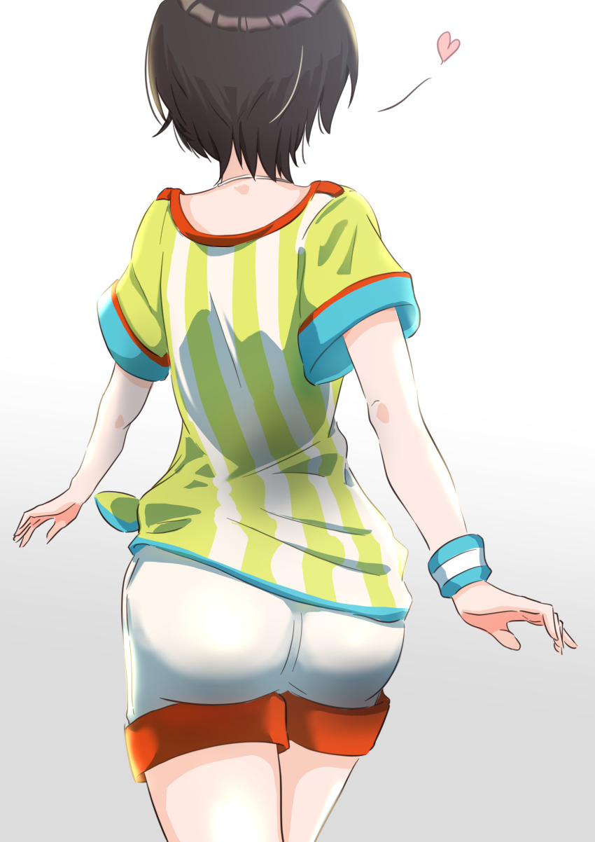 1girl absurdres ass back brown_hair cowboy_shot facing_away from_behind heart highres hololive medium_hair official_alternate_costume oozora_subaru shirt short_hair short_sleeves shorts simple_background solo sportswear standing striped_clothes striped_shirt t-shirt taachika thighs vertical-striped_clothes vertical-striped_shirt virtual_youtuber white_background white_shorts wristband