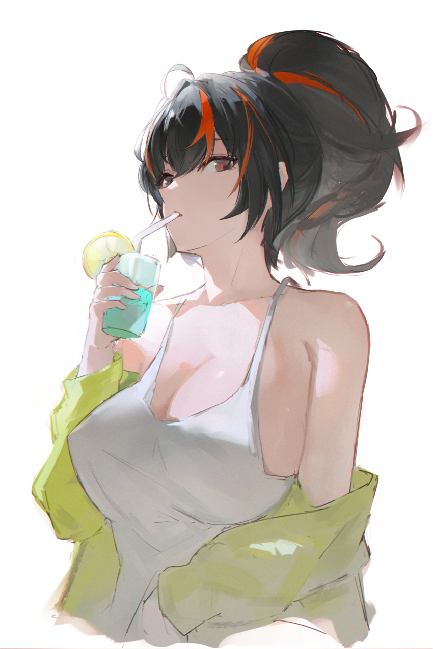 1girl absurdres alternate_costume black_hair breasts camisole commentary cropped_torso cup drinking drinking_straw drinking_straw_in_mouth hand_up highres holding holding_cup jacket large_breasts long_hair looking_at_viewer looking_to_the_side off_shoulder ponytail red_eyes revision sideboob simple_background solo white_background white_camisole yellow_jacket yingmusang-l1f zenless_zone_zero zhu_yuan