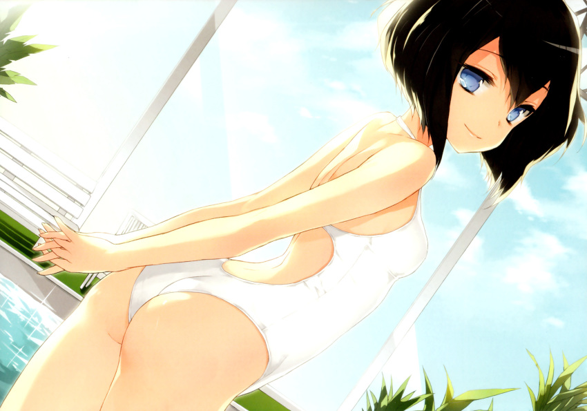 10s 1girl arms_behind_back ass bare_shoulders black_hair blue_eyes bob_cut casual_one-piece_swimsuit cuteg day dutch_angle female_focus game_cg highres houshou_yuzurina kono_naka_ni_hitori_imouto_ga_iru! looking_back one-piece_swimsuit pool short_hair sky smile solo swimsuit white_one-piece_swimsuit window