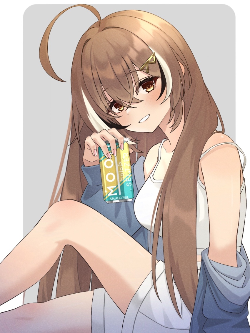 1girl ahoge alcohol bare_shoulders beer beer_can black_hair blue_jacket blush brown_eyes brown_hair camisole can collarbone crop_top crossed_bangs drink drink_can drunk hair_between_eyes hair_ornament hairclip head_tilt highres holding holding_can holding_drink hololive hololive_english huge_ahoge jacket long_hair looking_at_viewer multicolored_hair nanashi_mumei open_clothes open_jacket r_(letter) shishi_cc shorts smile solo strap_slip streaked_hair very_long_hair virtual_youtuber white_camisole white_hair white_shorts