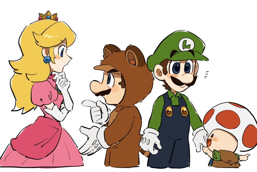 1girl 3boys backpack bag blue_eyes blue_overalls brown_hair facial_hair gloves green_shirt hat highres luigi male_focus mario mario_(series) mimimi_(mimimim9999) multiple_boys mustache nintendo overalls princess_peach shirt short_hair tanuki_mario the_super_mario_bros._movie toad_(mario) white_gloves