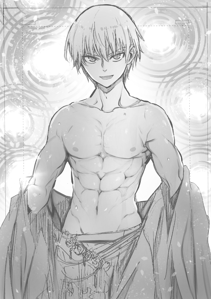 1boy abs absurdres commentary_request fate/grand_order fate_(series) gilgamesh_(fate) greyscale groin highres kojima_takeshi male_focus monochrome muscular muscular_male pectorals robe solo topless_male