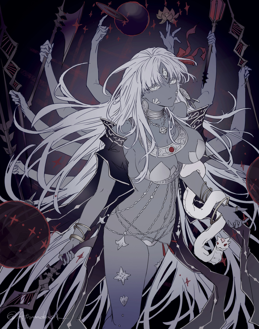 1girl absurdres armor axe bare_shoulders belly_chain bikini_armor bracelet breasts chakram cleavage club_(weapon) earrings extra_arms fate/grand_order fate_(series) flower greyscale hair_ribbon highres jewelry kali_(fate) large_breasts long_hair looking_at_viewer monochrome navel neck_ring necklace polearm revealing_clothes ribbon ruki_atamaokasii sash snake spot_color sword thighs third_eye thumb_ring trident very_long_hair weapon