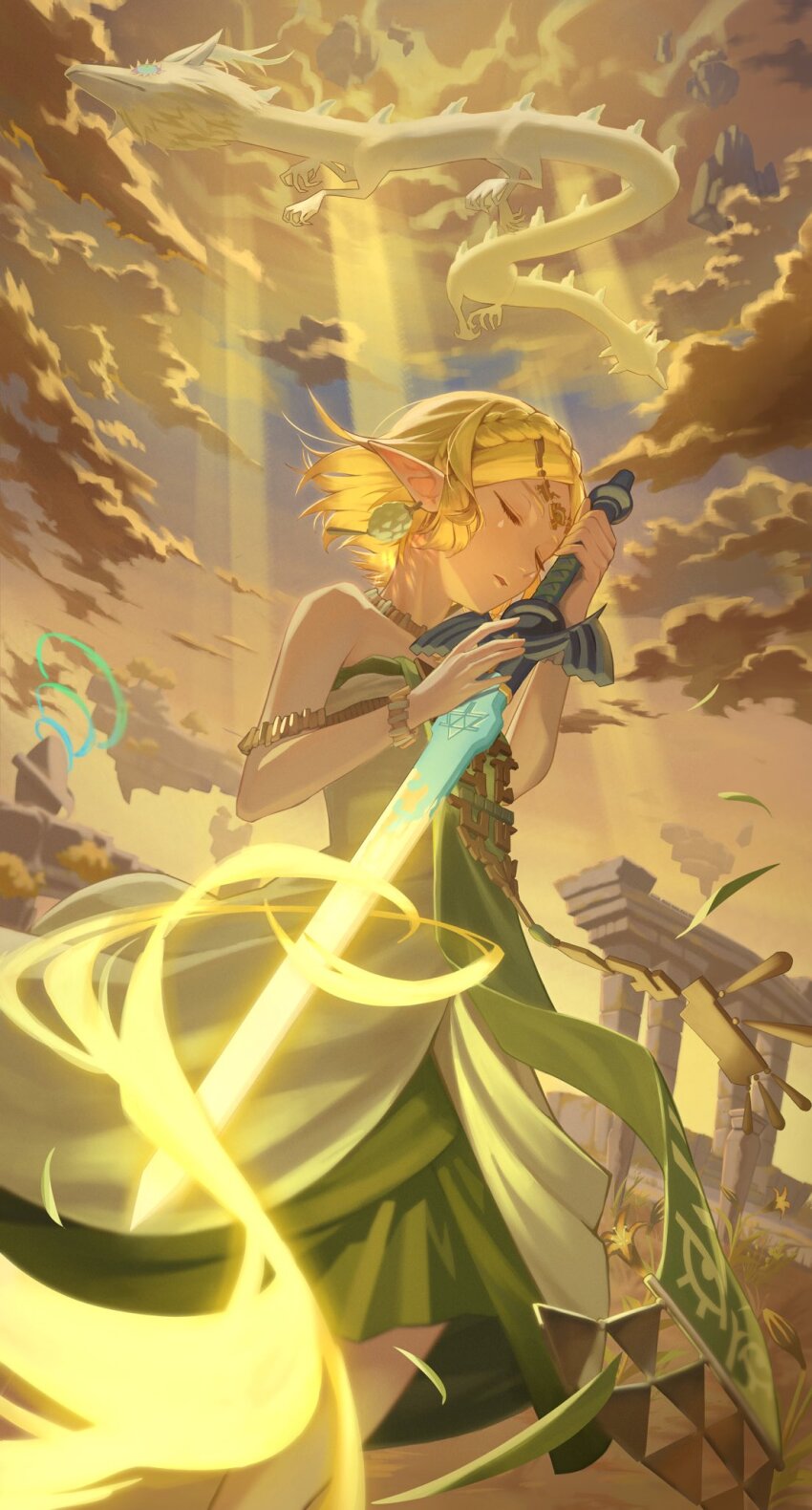 1girl bare_shoulders blonde_hair bracelet braid circlet closed_eyes cloud commentary crown_braid dragon dress earrings english_commentary from_below glowing glowing_sword glowing_weapon highres holding holding_sword holding_weapon jewelry master_sword multicolored_clothes multicolored_dress nintendo open_mouth outdoors parted_bangs pillar pointy_ears princess_zelda reverse_grip seasalt_(seasalt_0220) shirt short_hair sky sleeveless sleeveless_dress sword the_legend_of_zelda the_legend_of_zelda:_tears_of_the_kingdom triforce triforce_print weapon white_shirt