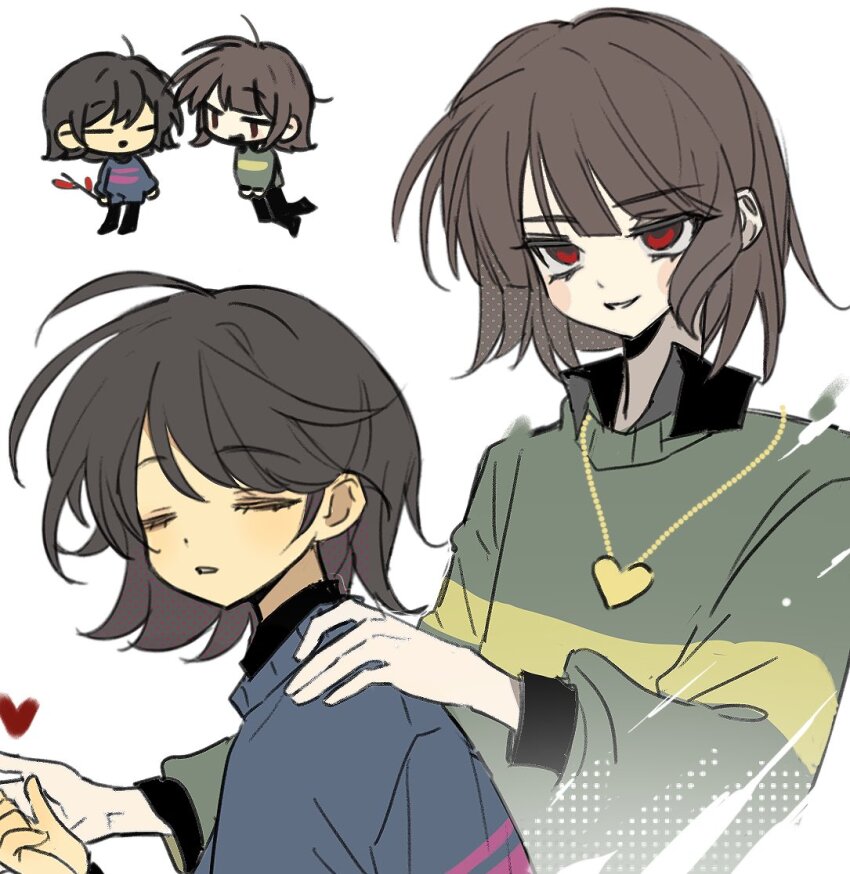 2others ahoge blue_sweater brown_hair chara_(undertale) chibi chibi_inset chinese_commentary closed_eyes collared_shirt commentary_request frisk_(undertale) green_sweater grin hand_on_another&#039;s_shoulder heart heart_necklace jewelry long_sleeves multiple_others necklace nuobeiyhengaoxingrenshini other_focus parted_lips pink_sweater puffy_long_sleeves puffy_sleeves red_eyes shirt simple_background smile striped_clothes striped_sweater sweater two-tone_sweater undertale upper_body white_background yellow_sweater