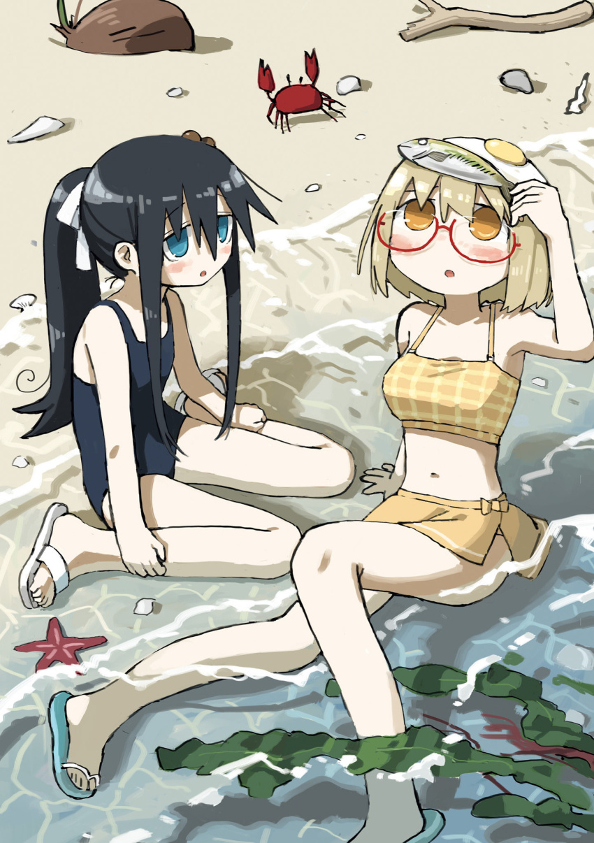 2girls beach bikini bikini_skirt black_hair blonde_hair blue_eyes blue_one-piece_swimsuit blush bob_cut coconut crab egg fish food food_on_head fried_egg glasses hair_ornament hair_ribbon highres long_hair multiple_girls mushroom object_on_head ocean one-piece_swimsuit open-toe_shoes open_mouth orange_eyes outdoors partially_submerged ponytail red-framed_eyewear ribbon sandals school_swimsuit seaweed shimeji_(mushroom) shimeji_simulation short_hair swimsuit tsukishima_shijima tsukumizu_yuu very_long_sidelocks yamashita_majime yellow_swimsuit