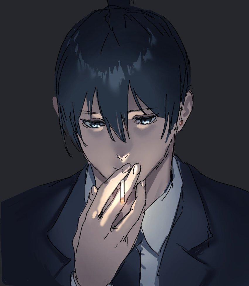 1boy black_background black_eyes black_hair black_jacket black_necktie black_suit chainsaw_man cigarette closed_mouth collared_shirt ear_piercing earrings eyebrows fingernails formal_clothes glowing hair_between_eyes hayakawa_aki high_ponytail highres jacket jewelry long_sleeves male_focus medium_hair necktie original_nasu pale_skin piercing shirt short_ponytail simple_background sleeves_past_elbows smoking solo solo_focus suit white_shirt