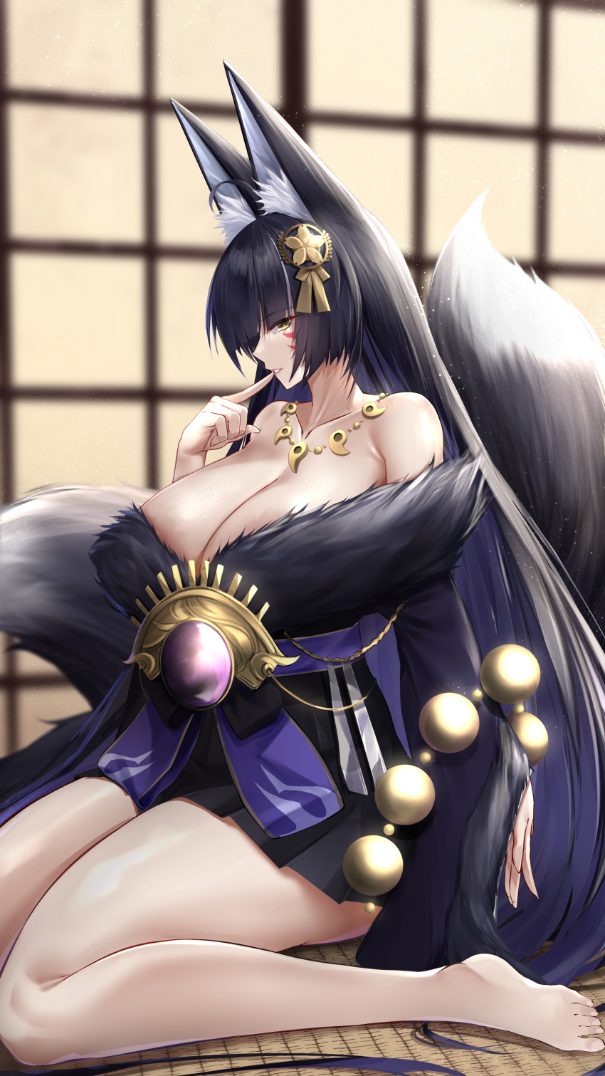 1girl absurdres animal_ear_fluff animal_ears azur_lane barefoot beads black_hair black_kimono breasts facial_mark fox_ears fox_tail fur-trimmed_kimono fur_trim highres irkawaza japanese_clothes jewelry kimono kneeling large_breasts long_hair magatama magatama_necklace musashi_(azur_lane) necklace obi prayer_beads sakura_empire_(emblem) sash solo tail thighs very_long_hair