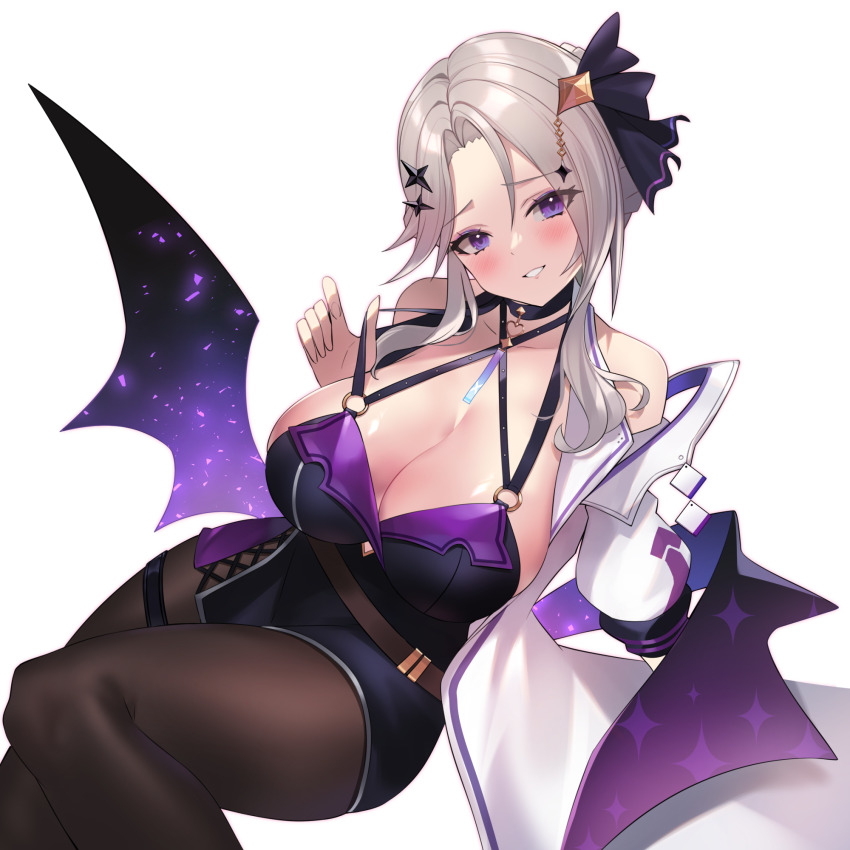 1girl blush breasts brown_pantyhose cawang cleavage full_body grey_hair grin highres large_breasts looking_at_viewer low_wings o-ring original pantyhose purple_eyes simple_background smile solo strap_lift white_background wings