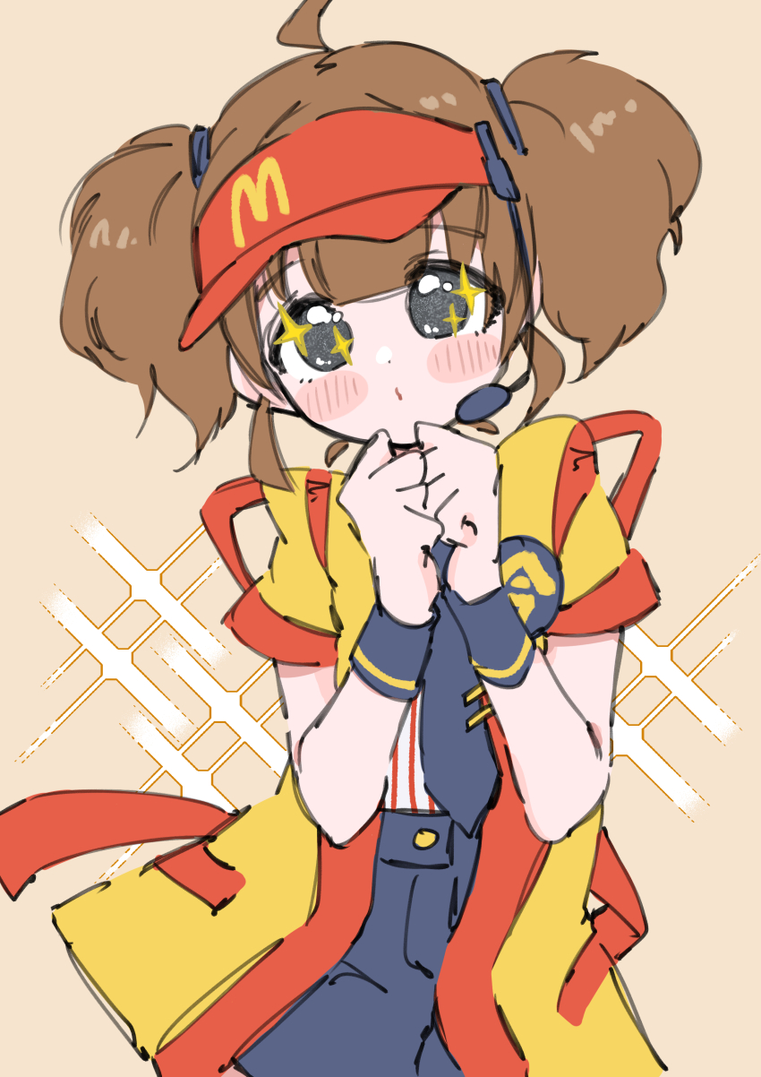 1girl absurdres ahoge black_eyes black_necktie black_shorts blush blush_stickers brown_background brown_hair clenched_hands commentary cowboy_shot imadake_dabuchi_tabemi hair_between_eyes hair_tie hat head_tilt headset highres looking_at_viewer mcdonald&#039;s medium_hair microphone necktie own_hands_together pinstripe_pattern pinstripe_shirt pursed_lips red_hat red_shirt red_trim shirt shorts solo sparkle sparkling_eyes standing striped_clothes striped_shirt tie_clip twintails two-tone_shirt vertical-striped_clothes vertical-striped_shirt visor_cap w_arms walter_(diereinewelt) wavy_hair white_shirt yellow_happi