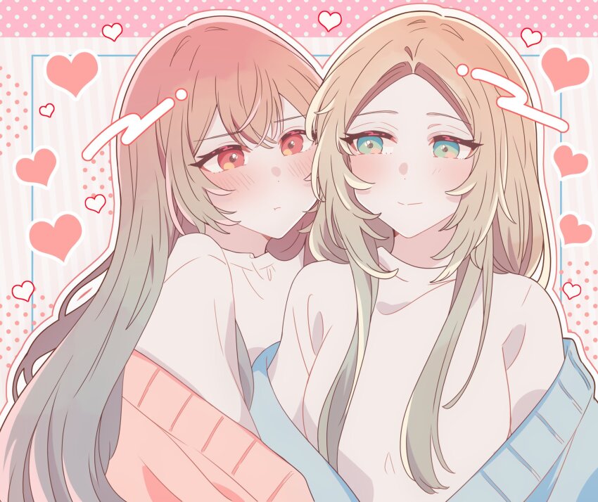 2girls blonde_hair blue_cardigan blue_hair blush cardigan closed_mouth commentary fuwa_aya gradient_hair green_eyes halftone halftone_background heart highres kousaka_0v0 long_hair looking_at_another multicolored_hair multiple_girls onna_doushi_toka_arienai_desho_to_iiharu_onnanoko_wo_hyakunichikan_de_tetteiteki_ni_otosu_yuri_no_ohanashi orange_hair pink_background pink_cardigan pink_eyes sakakibara_marika shirt smile upper_body white_shirt yuri