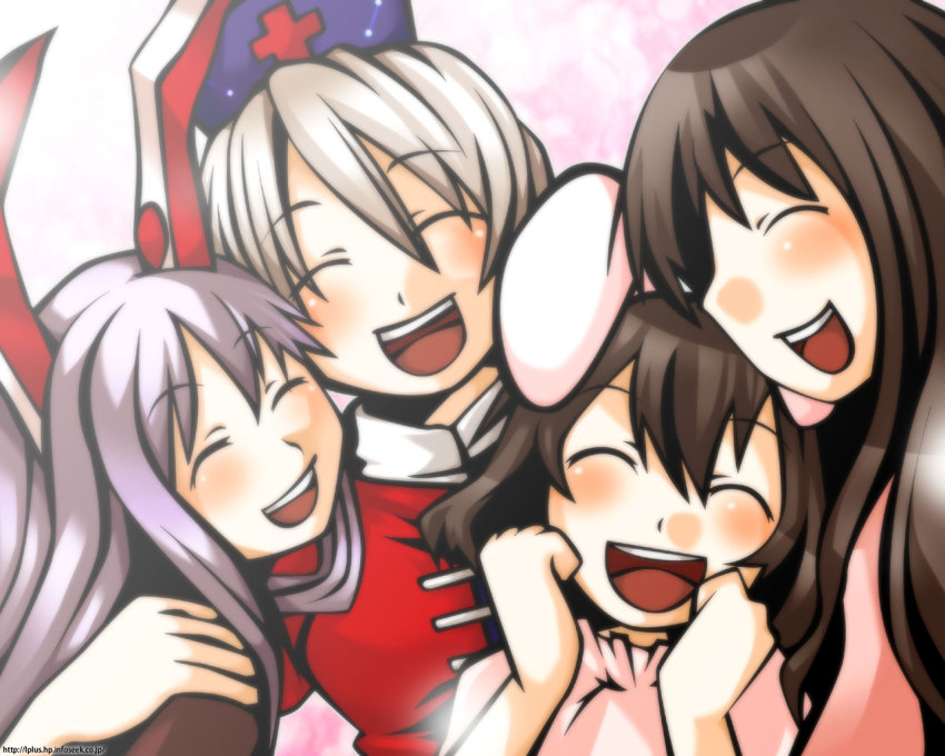 4girls ^_^ animal_ears brown_hair cage_in_lunatic_runagate closed_eyes collar female_focus game hand_on_another&#039;s_shoulder happy hat houraisan_kaguya inaba_tewi light_purple_hair long_hair multiple_girls nurse_cap open_mouth purple_hair rabbit_ears reisen_udongein_inaba short_hair smile teeth touhou touhou_bougetsushou vector_trace white_hair yagokoro_eirin