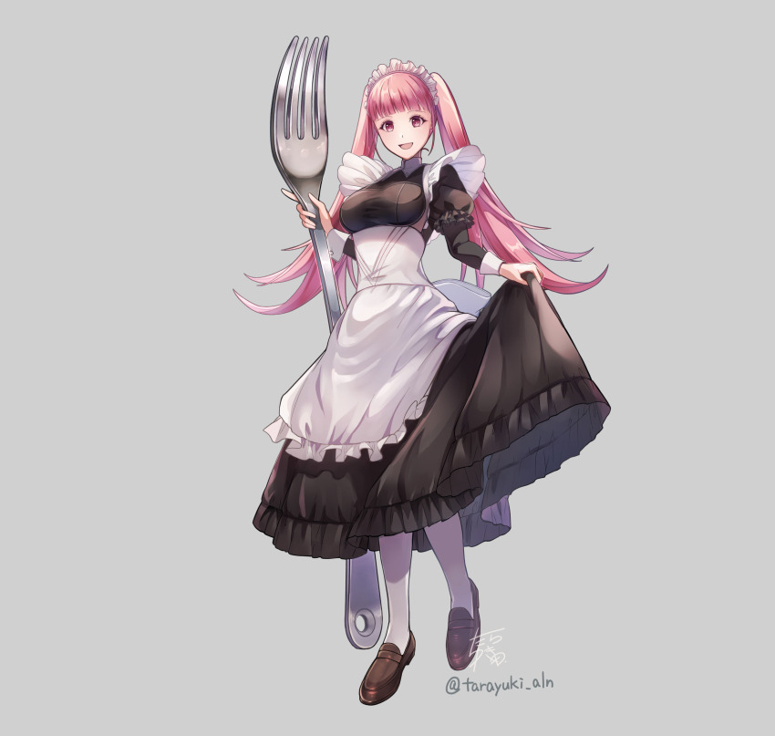 alternate_costume apron black_dress dress fire_emblem fire_emblem:_three_houses fork frilled_apron frills full_body highres hilda_valentine_goneril holding holding_fork maid maid_apron maid_headdress nintendo pink_eyes pink_hair puffy_sleeves tarayuki twintails white_apron