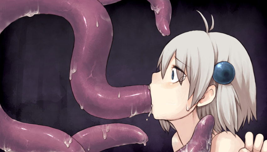 1girl ahoge bad_id bad_pixiv_id blue_eyes cum grey_hair kimura_senri oral profile short_hair slime_(substance) solo_focus sweatdrop tears tentacles