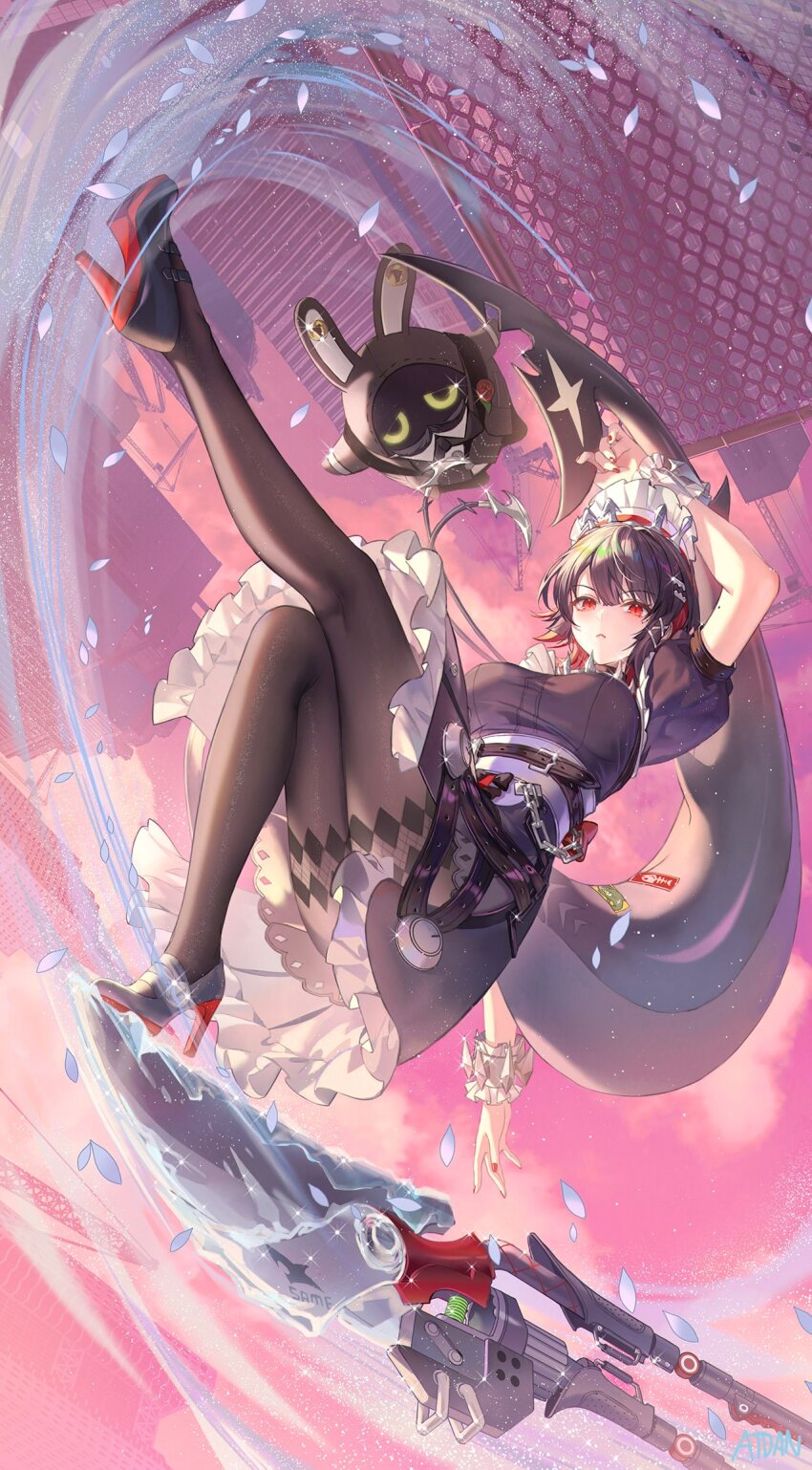 1girl apron atdan black_hair breasts building ellen_joe facial_hair falling_petals floating_hair full_body high_heels large_breasts legs_up maid mustache pantyhose perspective petals pink_sky red_eyes red_hair serious shark_girl short_hair skirt sky soles surfing water weapon zenless_zone_zero