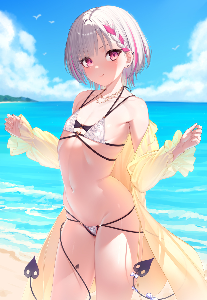 1girl absurdres asumi_sena beach bikini black_bikini blue_sky braid braided_bangs chain chain_necklace cloud coat day demon_tail ear_piercing earrings extra_tails flat_chest floral_print_bikini grey_hair highres horizon jewelry layered_bikini looking_at_viewer multi-strapped_bikini_bottom multi-strapped_bikini_top multicolored_hair navel necklace nikichiho ocean off_shoulder outdoors piercing pink_eyes pink_hair see-through_clothes short_hair skindentation sky smile solo stomach streaked_hair swimsuit tail virtual_youtuber vspo! water white_bikini yellow_coat