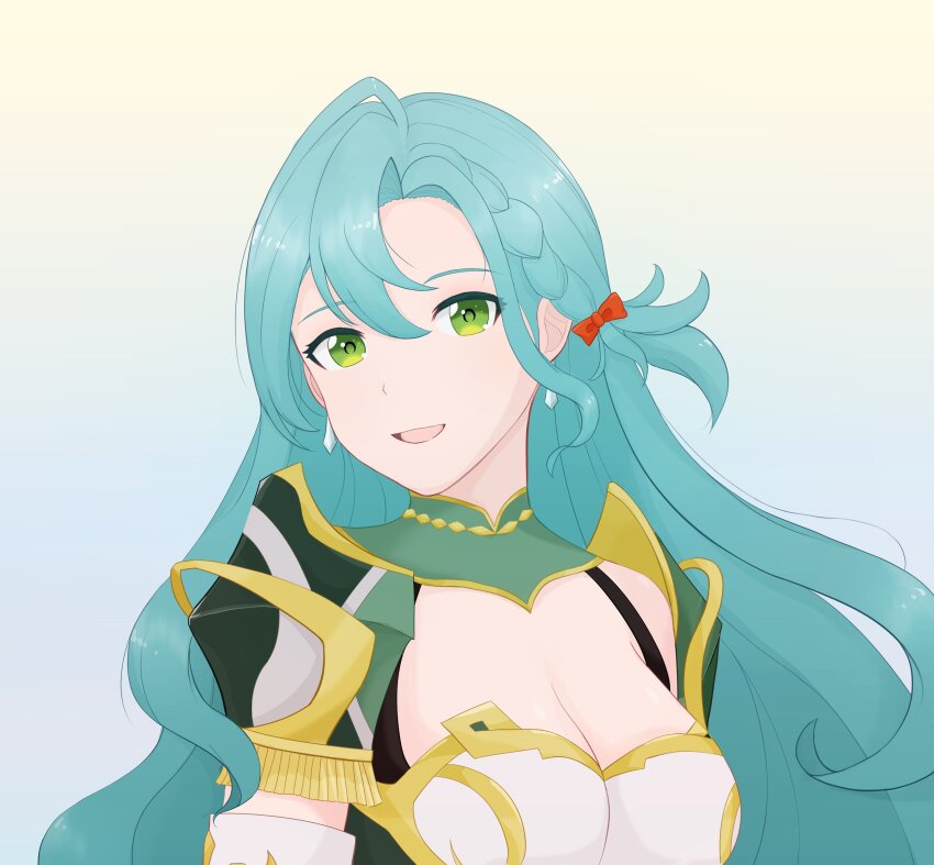 1girl absurdres aqua_hair bow braid breasts chloe_(fire_emblem) cleavage fire_emblem fire_emblem_engage green_eyes highres large_breasts long_hair looking_at_viewer nintendo orange_bow rizthonpatate side_braid smile solo teardrop_earrings