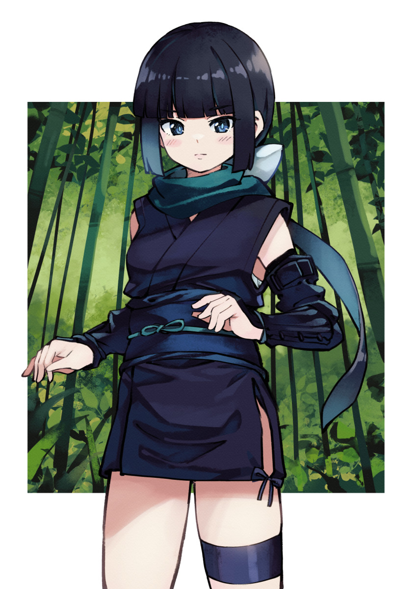 1girl aqua_hair bamboo bamboo_forest bare_shoulders belt black_hair black_kimono blue_belt blue_eyes blue_sash blunt_bangs blunt_sidelocks blush border bracer breasts bright_pupils closed_mouth commentary cowboy_shot curled_fingers forest fujibayashi_sora gendai_ninjakko_zukan gradient_hair green_scarf hands_up highres japanese_clothes kimono kouno_hikaru looking_at_viewer multicolored_hair nature ninja obi obijime original outside_border sash scarf short_kimono side_slit sleeveless sleeveless_kimono small_breasts solo standing thigh_strap white_border