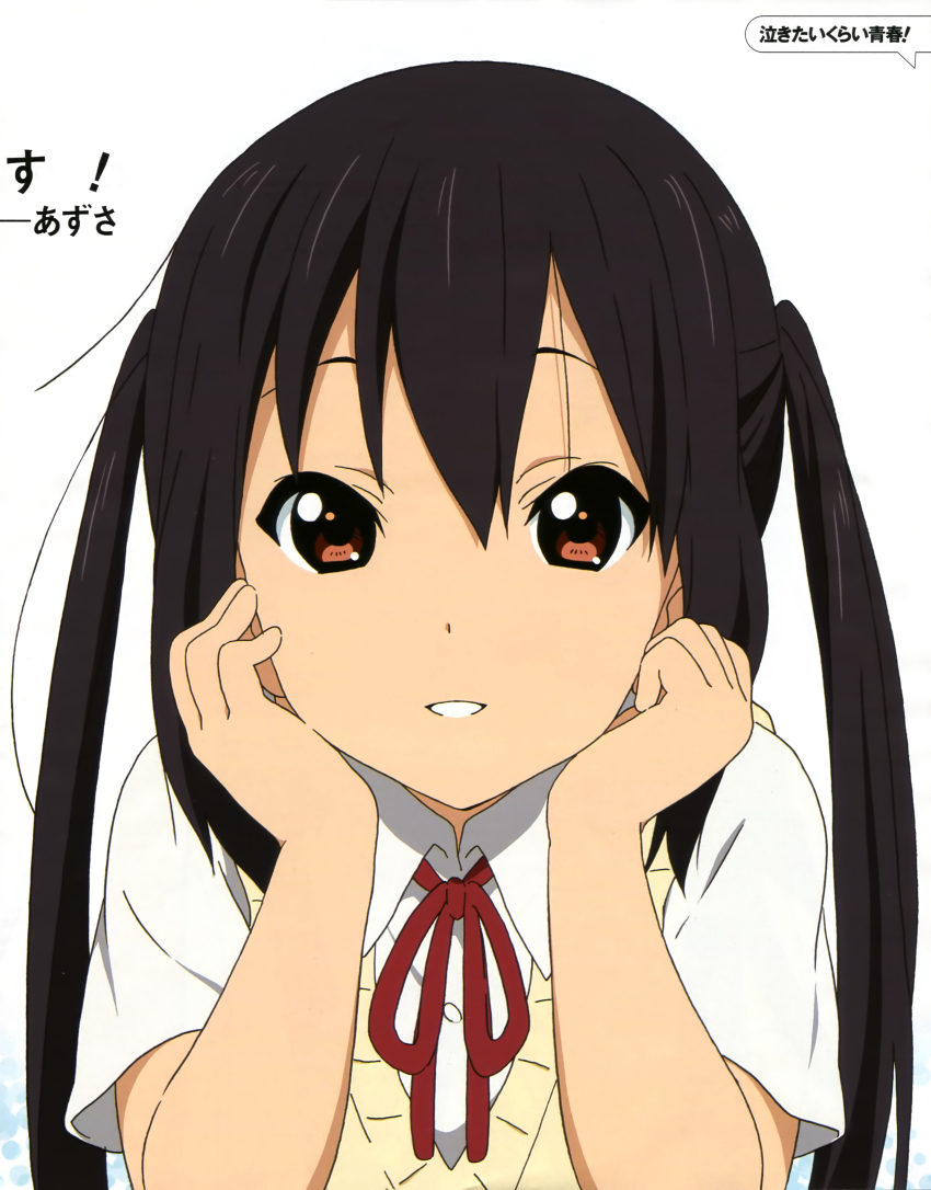 1girl absurdres black_hair brown_eyes female_focus head_rest highres k-on! kadowaki_miku looking_at_viewer nakano_azusa official_art school_uniform simple_background smile solo twintails white_background