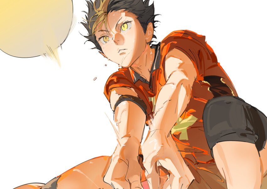 1boy armband atie1225 ball black_armband black_hair black_shorts collared_shirt cropped_legs dynamic_pose haikyuu!! highres jersey karasuno_volleyball_uniform looking_at_object male_focus multicolored_hair nishinoya_yuu outstretched_arms outstretched_leg parted_lips playing_sports shirt short_sleeves shorts simple_background solo spiked_hair spiking sportswear streaked_hair volleyball volleyball_(object) volleyball_uniform white_background yellow_eyes