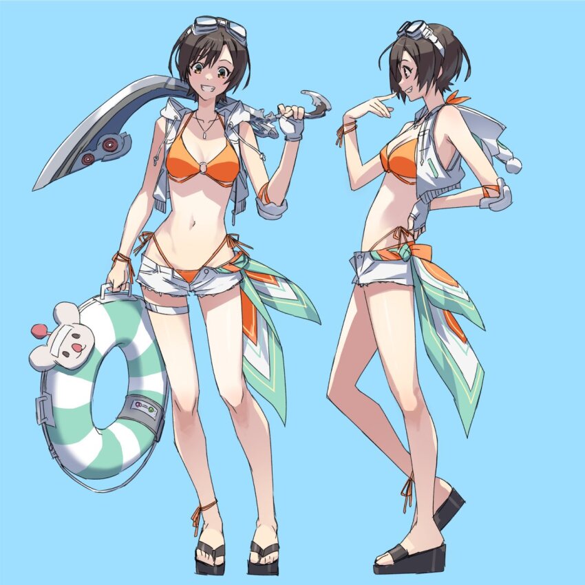 bikini bikini_under_clothes black_hair boomerang breasts crop_top decoponmagi final_fantasy final_fantasy_vii final_fantasy_vii_ever_crisis fingerless_gloves flip-flops gloves highres holding holding_swim_ring hood hooded_vest hoodie innertube micro_shorts official_alternate_costume open_fly orange_bikini over_shoulder sandals short_hair shorts single_glove smile swim_ring swimsuit vest weapon weapon_over_shoulder yuffie_kisaragi yuffie_kisaragi_(summer_moogle)