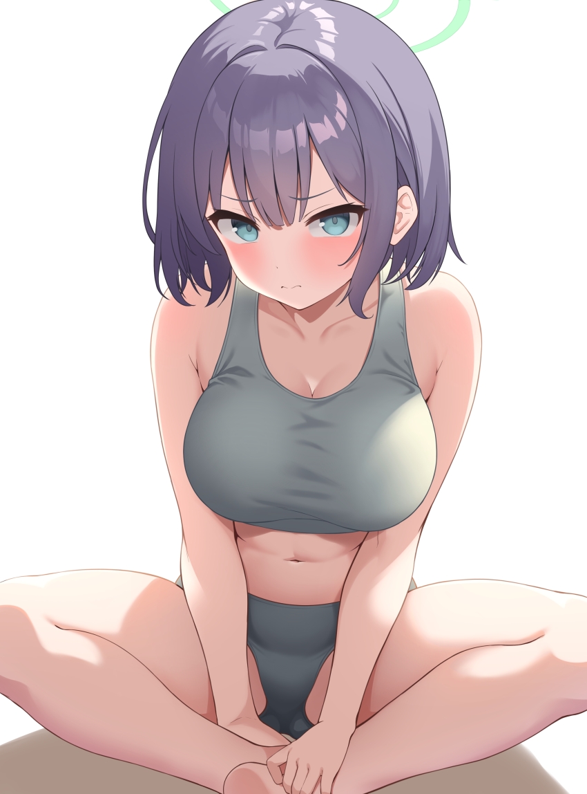 1girl absurdres bare_shoulders blue_archive blue_eyes blush breasts cleavage collarbone grey_hair grey_panties grey_sports_bra halo highres large_breasts looking_at_viewer navel panties saki_(blue_archive) short_hair sitting solo sonao sports_bra underwear