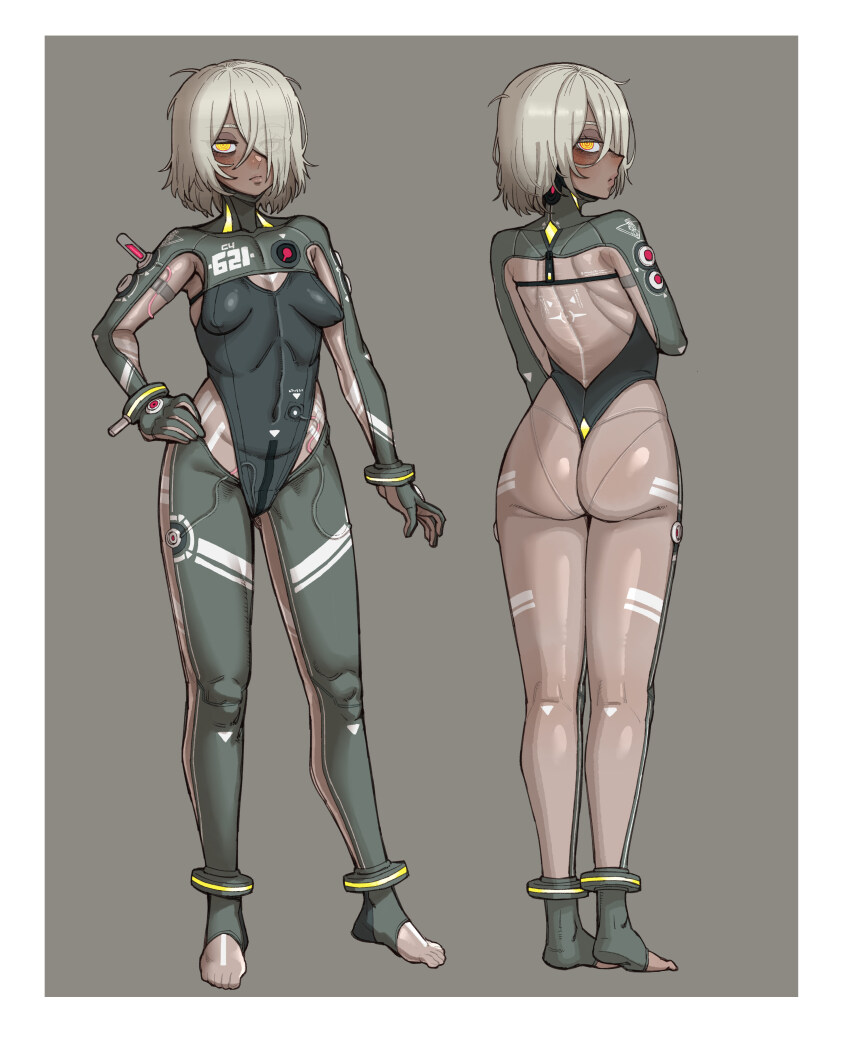 1girl 621_(armored_core_vi) absurdres armored_core armored_core_vi:_fires_of_rubicon blush bodysuit breasts character_name closed_mouth commentary commentary_request covered_navel dark-skinned_female dark_skin ebonyxh english_commentary eyes_visible_through_hair freckles from_behind full_body grey_background hair_over_one_eye highres looking_at_viewer looking_back mecha_pilot_suit messy_hair parted_lips pointy_breasts ringed_eyes short_hair simple_background skin_tight small_breasts solaria_(ebonyxh) solo standing sweat white_background white_hair yellow_eyes