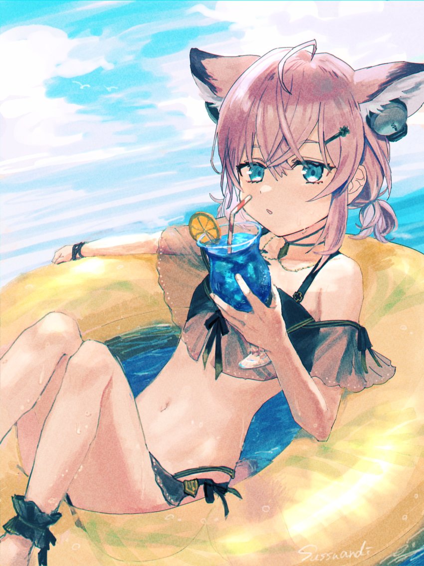 1girl :o absurdres ahoge animal_ears arknights bare_shoulders blue_eyes brown_hair drink food fox_ears fruit highres innertube lemon lemon_slice material_growth official_alternate_costume oripathy_lesion_(arknights) short_hair solo sussurro_(arknights) sussurro_(summer_flower)_(arknights) sutoa swim_ring swimsuit