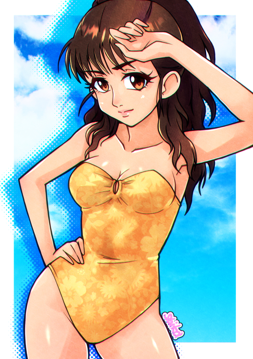 1girl blue_sky breasts brown_eyes brown_hair casual_one-piece_swimsuit chouriki_sentai_ohranger cleavage cloud commission contrapposto cowboy_shot hand_on_own_head hand_on_own_hip high_ponytail highres long_hair medium_breasts nijou_juri one-piece_swimsuit pixiv_commission saika_(pixiv43370196) sky solo strapless strapless_one-piece_swimsuit super_sentai swimsuit yellow_one-piece_swimsuit