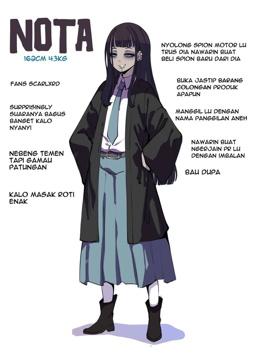 1girl black_footwear black_hair black_jacket blue_eyes blunt_bangs boots character_name character_profile collared_shirt commentary_request ear_piercing eyeshadow full_body grey_necktie grey_skirt hands_on_own_hips highres indonesian_commentary indonesian_high_school_uniform indonesian_text jacket lip_piercing long_hair long_skirt long_sleeves looking_at_viewer makeup mujib necktie open_clothes open_jacket original piercing pleated_skirt school_uniform shirt simple_background skirt smile solo standing translation_request white_background white_shirt