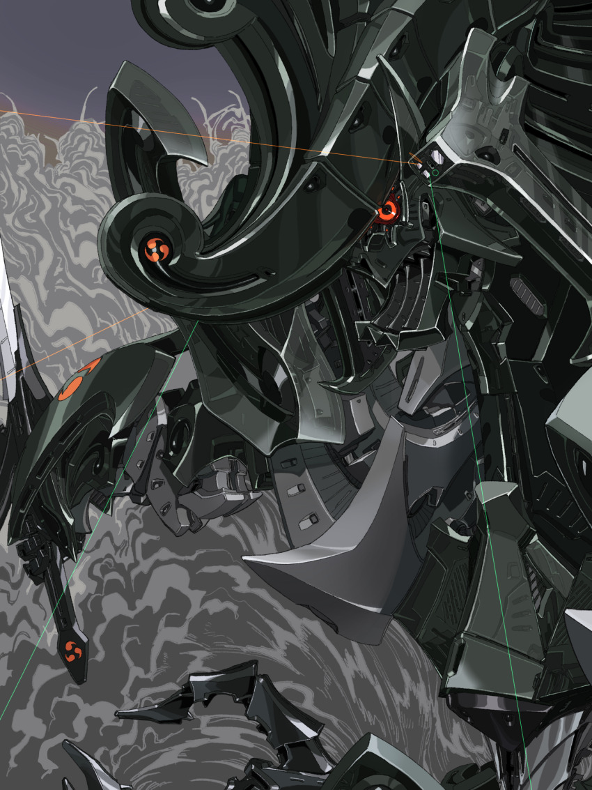 cloud commentary_request daccas five_star_stories gothicmade_(mecha) highres laser mecha mortar_headd no_humans orrdriver red_eyes robot science_fiction solo sword weapon