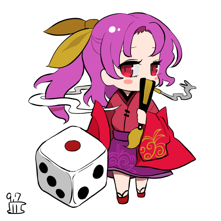 1girl chibi dice floral_print full_body geta hand_fan holding holding_fan japanese_clothes kimono komakusa_sannyo looking_at_viewer maaru_(akira428) ponytail purple_hair purple_skirt red_eyes red_kimono skirt smoking smoking_pipe solo touhou white_background wide_sleeves