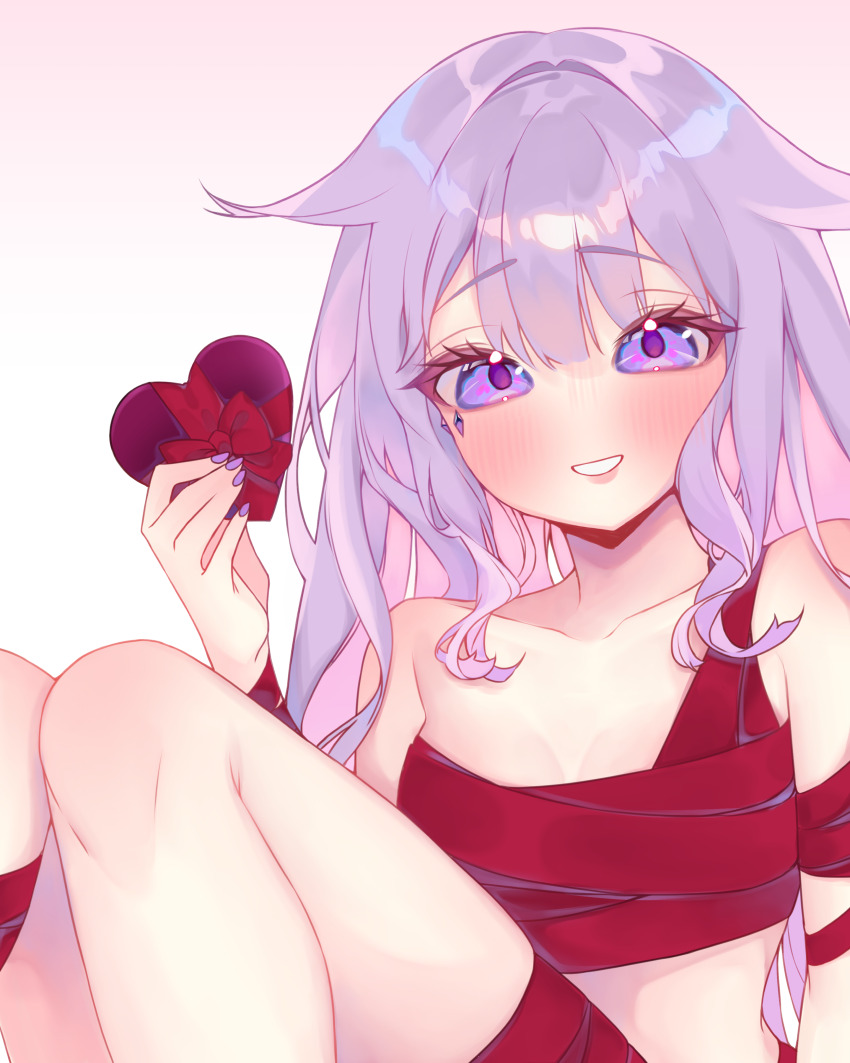 1girl absurdres blush box breasts commentary english_commentary gem gift grin heart-shaped_box highres holding holding_gift hololive hololive_english hoshiiii_art jewel_under_eye koseki_bijou long_hair looking_at_viewer naked_ribbon purple_eyes purple_gemstone purple_hair red_ribbon ribbon small_breasts smile solo teeth virtual_youtuber