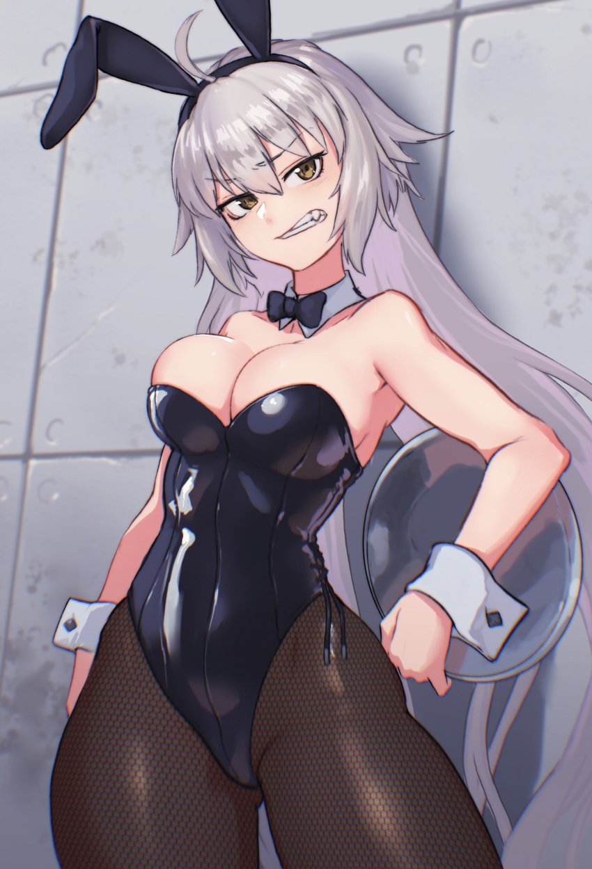 1girl absurdres ahoge animal_ears black_bow black_bowtie black_leotard black_pantyhose bow bowtie breasts brown_eyes cleavage collarbone fake_animal_ears fate/grand_order fate_(series) fishnet_pantyhose fishnets grey_hair hairband hand_on_own_hip highres jeanne_d&#039;arc_alter_(fate) large_breasts lc_butter leotard long_hair looking_at_viewer pantyhose parted_lips playboy_bunny solo teeth wrist_cuffs