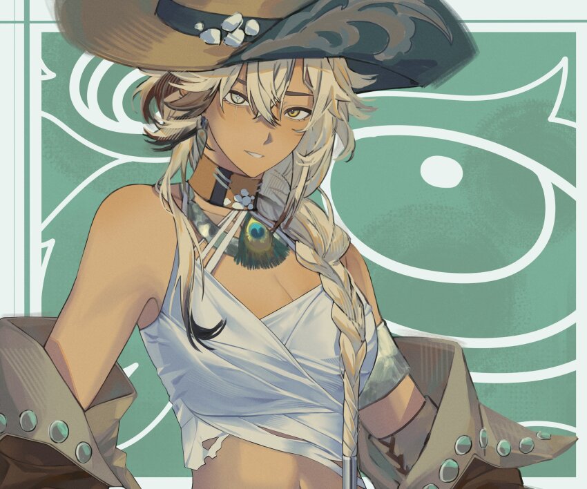 1girl absurdres argus_(reverse:1999) armlet bare_shoulders blonde_hair braid breasts brown_choker brown_hat brown_sleeves choker cleavage cowboy_hat detached_sleeves green_background grey_eyes grin hair_over_shoulder hat heterochromia highres jewelry large_breasts long_braid long_hair looking_at_viewer midriff peacock_feathers reverse:1999 scar scar_across_eye single_braid sj_(44444_44) smile solo tank_top upper_body white_tank_top yellow_eyes