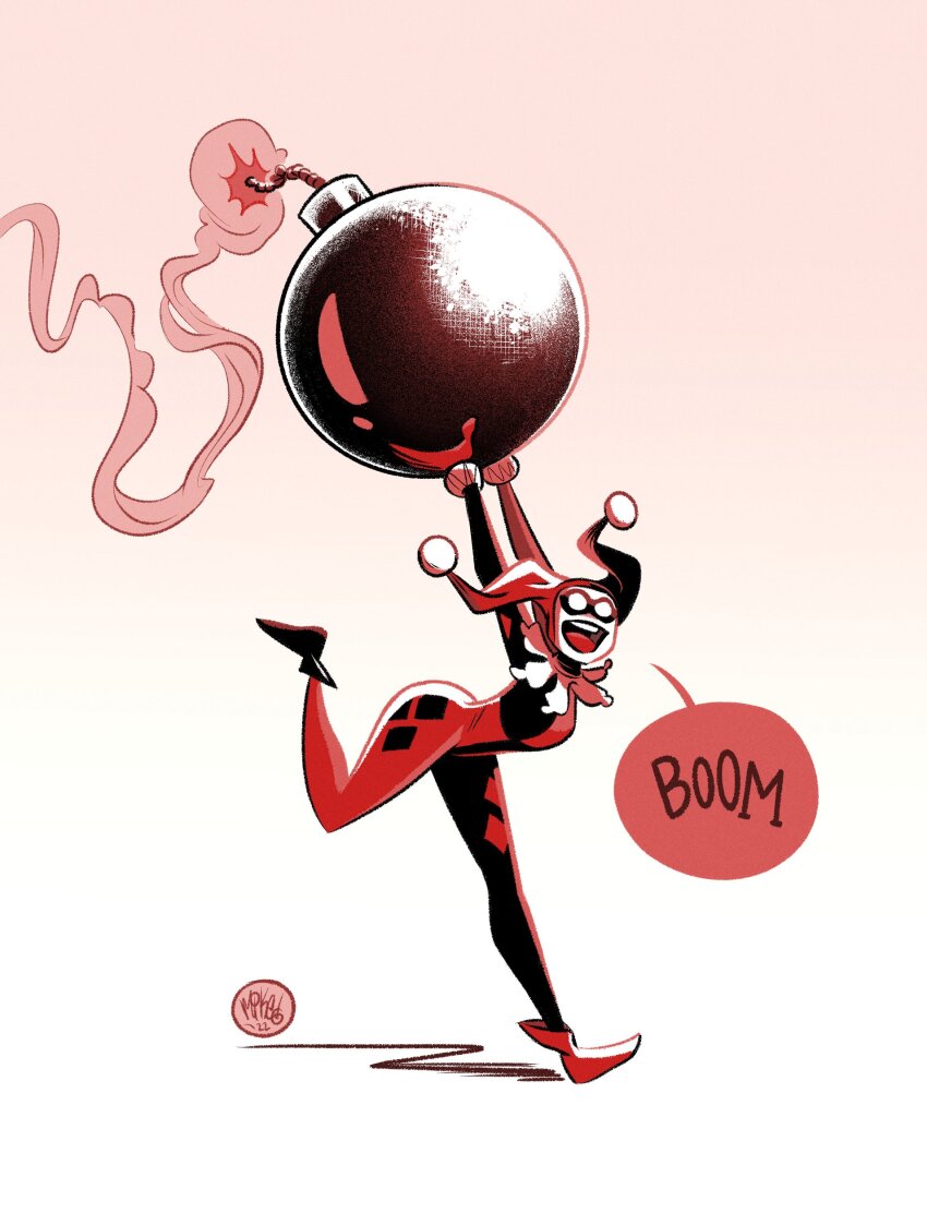 1girl :d absurdres arms_up black_bodysuit bodysuit bomb dc_comics explosive from_side harlequin harley_quinn harley_quinn_(classic) hat highres holding holding_bomb jester_cap leg_up mikemaihack open_mouth oversized_object red_bodysuit smile solo speech_bubble teeth upper_teeth_only